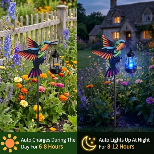 2 Pack Hummingbird Solar Garden Lights Waterproof Outdoor Metal Stakes with Solar Lantern Gifts for Women Mom Grandma Birthday for Path Yard Patio Porch Lawn (Multicolor, Colorful Hummingbird) - Image 3