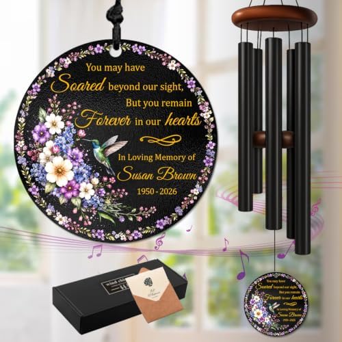 Personalized Hummingbird Memorial Wind Chime Custom Name & Year, Sympathy Gift for Loss of Loved One, Soared Beyond Our Sight Remembrance Windchimes Outdoor Garden Decor Deep Tone by AlpadilCo