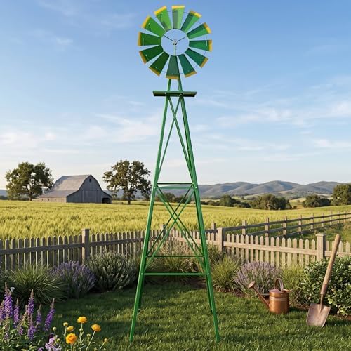 8FT Decorative Garden Windmill, Weather Resistant Metal Windmill for Yard and Lawn, Heavy Duty Outdoor Steel Windmill Tower with Quiet Ball Bearing and Direction Vane, Green - Image 4