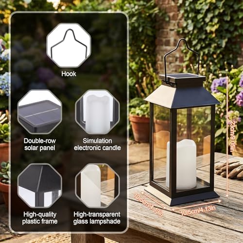 Tomshine 2 Pack Solar Flame Lanterns Outdoor Weatherproof, Hanging Black Rust-Proof Solar Lantern with Tempered Glass Shade, Flickering Flameless Candles for Patio Garden Decor - Image 6