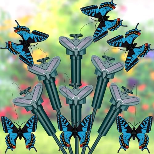 Tujoe 6 Pcs Butterfly Garden Stakes Decorative, Solar Moving Fluttering Butterfly Outdoor Waterproof Flying Butterflies Decor for Yard Pathway Garden Landscape Ornament, Battery Also Powered (Blue) by Tujoe