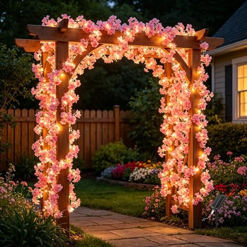 GOESWELL Solar Flowers Vine Lights : 32.8Ft 100Led Warm White Fairy Lights with Remote Timer Dimmable for Garden Fence Balcony - Solar Cherry Blossom String Lights for Patio Yard Pathway Wedding Decor - Image 3