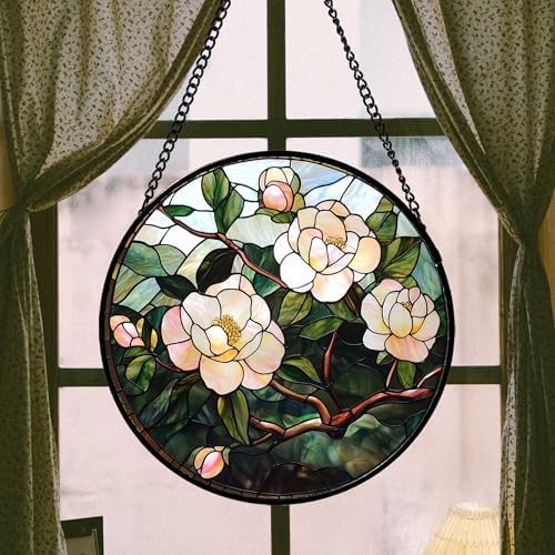 Pink Camellia Stained Glass Window Hanging Suncatcher Gifts for Women 12" - Image 3