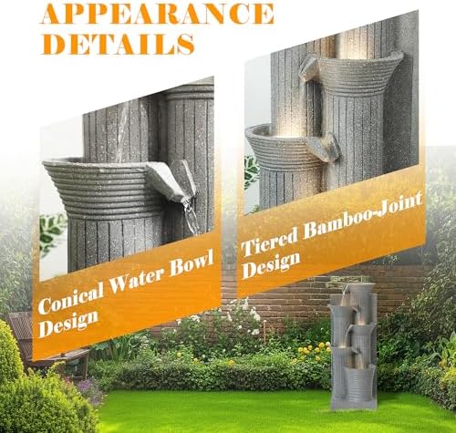 24" H Water Fountain Outdoor, 5-Tiers Cascading Resin Garden Fountains, Indoor Waterfalls Fountain with LED Lights, Bamboo-Shaped Bird Bath Fountains for Patio, Balcony, Yard (Light Gray) - Image 3