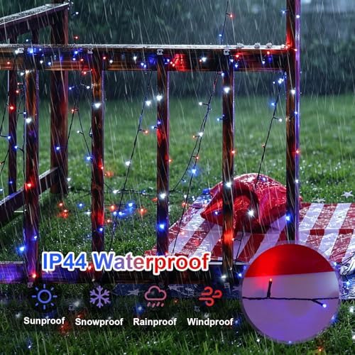 QITONG Red White and Blue Solar String Lights, 2 Pack Each 66ft 200 LED 4th of July Lights Outdoor Waterproof, 8 Modes Green Wire Patriotic Led Lights for Independence Memorial Day Decor - Image 5
