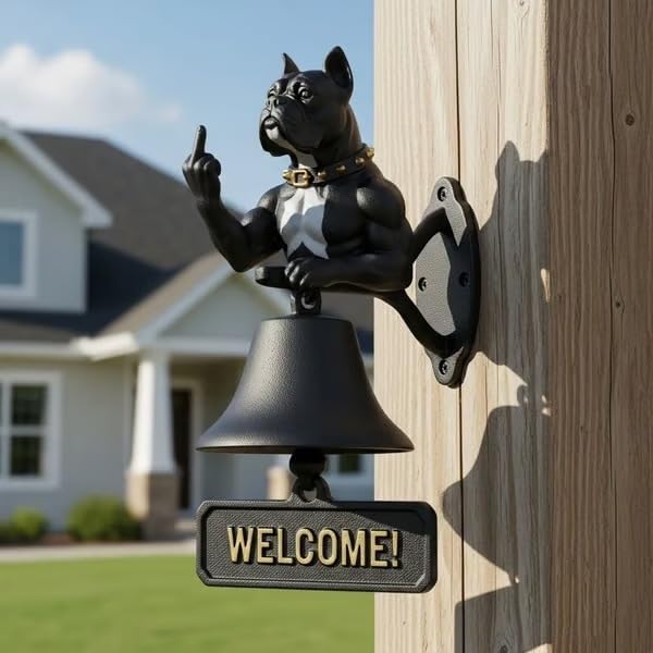 Cast Iron Muscle Dog Welcome Doorbell, Funny Bulldog Doorbell, Dog Middle Finger Decor Dinner Bell, Retro Metal Outdoor Dachshund Hanging Door Bell for Yard Garden - Image 4