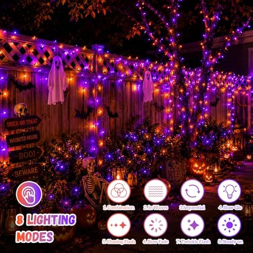 QITONG Solar Halloween String Lights, 2 Pack Each 66ft 200 LED Orange and Purple led Lights Outdoor Waterproof, 8 Modes Solar Twinkle Lights for Garden Patio Yard - Image 3