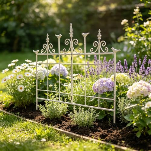 Vintage Distressed White Metal Garden Fence Panels, 25.6" W x 23.2" H Rustic Cast Iron Picket Fence, Outdoor Landscape Edging Yard Stakes for Flower Bed & Lawn Border - Image 5