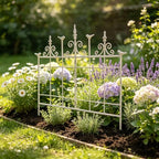 Vintage Distressed White Metal Garden Fence Panels, 25.6" W x 23.2" H Rustic Cast Iron Picket Fence, Outdoor Landscape Edging Yard Stakes for Flower Bed & Lawn Border - Image 5