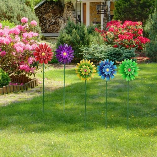 Metal Flower Wind Spinner Garden Stake Yard Art, Lawn Windmill Ornaments - Image 2
