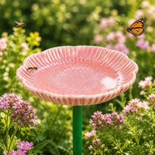 Ceramic Pollinator Watering Station for Bees and Butterflies, Shallow Garden Water Dish on Green Stake, Outdoor Insect Water Bowl for Patio Yard Flower Bed Decor, 1 Pack (Pink) by Unknown