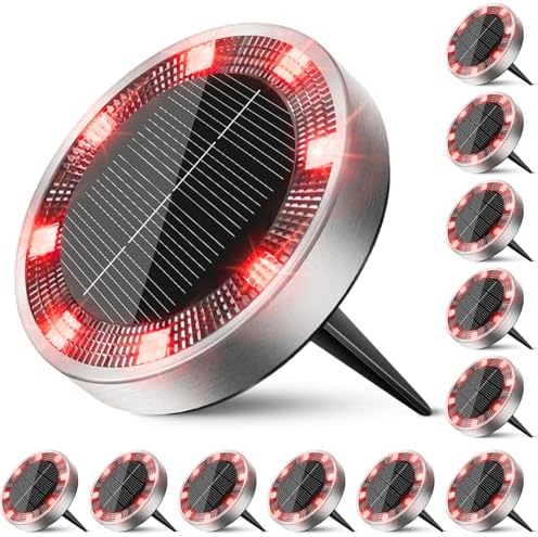 Peasur Solar Ground Lights Outdoor, 12 Pack Flat Solar Powered Disc Lights, IP68 Waterproof, Anti-Rust, Landscape Lighting for Pathway Garden Yard Lawn Walkway Landscape Driveway, Red by Peasur
