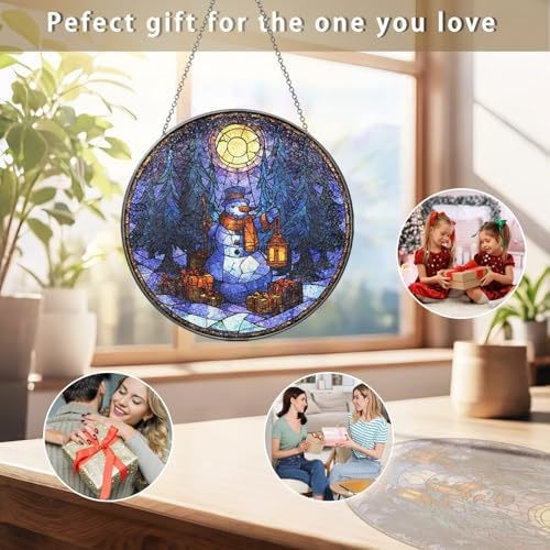 Stained Glass Window Hanging Snowman Lantern and Christmas Forest Sun Catchers Holiday Winter Scene Suncatchers for Living Room Garden Outdoor Indoor and Home Decor (9.8x9.8 in) - Image 7