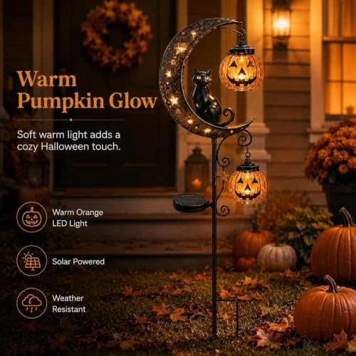 Solar Halloween Black Cat & Pumpkin Moon Garden Stake Light Halloween Decor - Image 5
