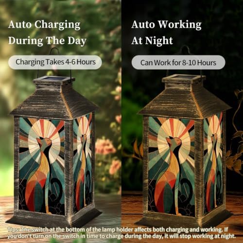 Solar Lantern Glowing Mandala Cat Stained Outdoor Waterproof Garden Hanging Lantern Solar Powered Lighting Outside Solar Light for Patio Yard Camping, Gifts for Women Mom - Image 4