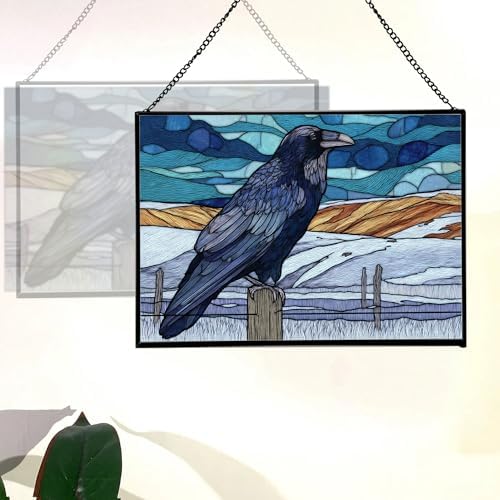 Raven Sitting on Frosted Fencepost Rectangular Stained Glass Suncatcher – Hanging Window Panel with Animal & Nature Scene – Vibrant Glass Art Gift for Wildlife, Fantasy, Nature Lovers U61mJ6 - Image 3