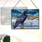 Raven Sitting on Frosted Fencepost Rectangular Stained Glass Suncatcher – Hanging Window Panel with Animal & Nature Scene – Vibrant Glass Art Gift for Wildlife, Fantasy, Nature Lovers U61mJ6 - Image 3