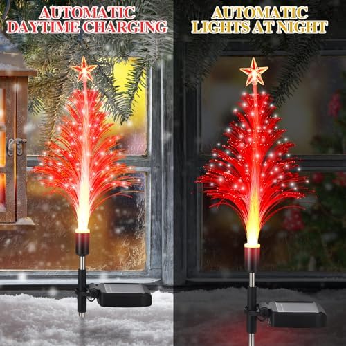 Baquler 6 Pack Solar Christmas Tree Garden Stake Lights Outdoor Waterproof Color Changing Christmas Lighted Yard Decorations Optical Fiber Xmas Pathway Lights for Lawn Patio Cemetery(Red, Green) - Image 5