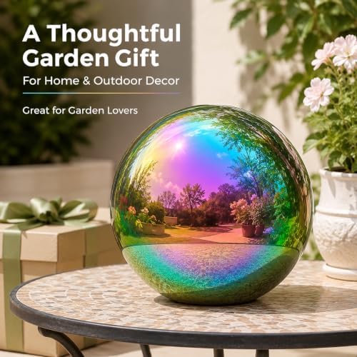 Gazing Ball Garden Mirror Outdoor - 10Inch Outside Decorative Globe Rainbow - Image 7