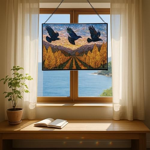 Crows Flying Over Autumn Orchard Rectangular Stained Glass Suncatcher – Hanging Window Panel with Animal & Nature Scene – Vibrant Glass Art Gift for Wildlife, Fantasy, Nature Lovers emGCYx - Image 6
