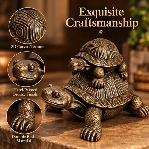 19" Bronze Resin Turtle Statue, Mother Baby Tortoise Yard Garden Decor - Image 3