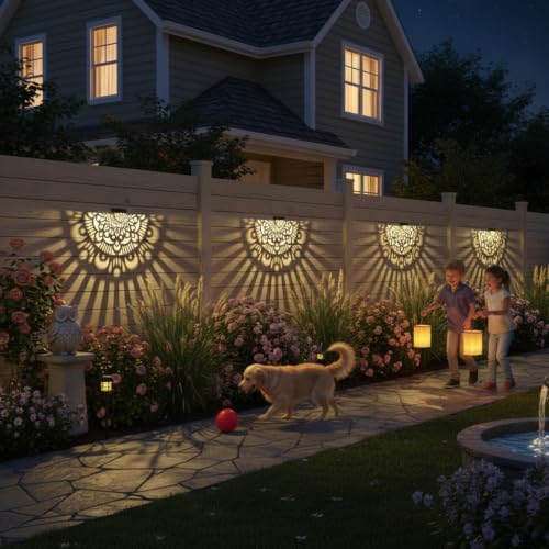 6 Pack Solar Fence Lights Outdoor Wall Lights Black Plastic Solar Powered Deck Step Stair Lights Mandala Theme Waterproof Fence Solar Light for Garden Post Patio Backyard Yard Decor - Image 4