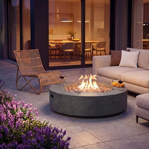 COSIEST 42 inch Outdoor Propane Fire Pit Coffee Table w Concrete Round Base Patio Heater, Certified, 50,000 BTU Stainless Steel Burner, Free Lava Rocks, Wind Guard, Rain Cover, Gray - Image 2