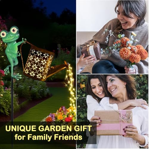 Solar Watering Can with Cascading Lights Outdoor Garden Decor, Frog Shaped Hook Gardening Gifts for Mom Women Grandma Birthday, Solar Lights for Garden Decorations Patio Yard Lawn Backyard - Image 4