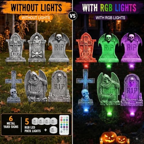 Aurelema 6 Pcs 17" Metal Halloween Tombstones with Light Decoration - Image 4