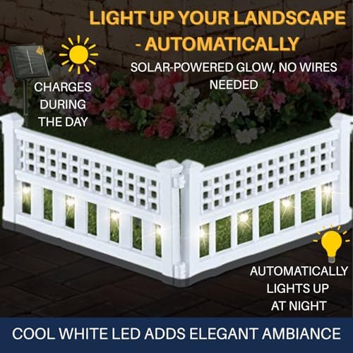 SkyMall 8-Piece Solar Garden Border Fence with Corner Posts, White Decorative Landscape Edging Panels with Cool White LED Solar Lights, Outdoor Lawn and Flower Bed Barrier for Yard and Pathway - Image 2