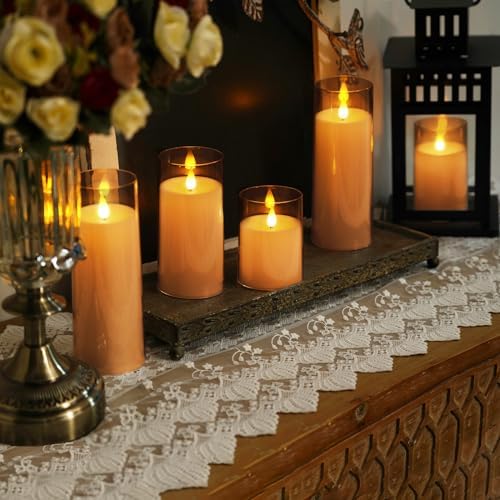 Homemory Amber Flickering Flameless Candles, Battery Operated Acrylic LED Pillar Candles with Remote Control and Timer, Fall Candles, Set of 9 - Image 7