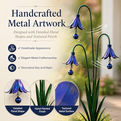 Triple Bluebells Garden Stake、Metal Garden Stake、Wind Chimes Yard Decor、Flamed Copper Decor、Rustic Farmhouse、Outdoor Lawn Patio Decor、Garden Gifts for Gardeners (1pcs Blue) - Image 5
