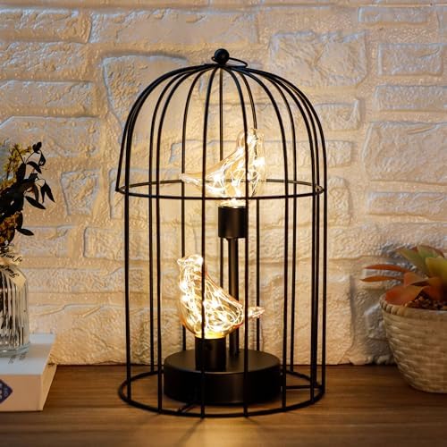 JHY DESIGN Birdcage Decorative Lamp Battery Operated 12" H Cordless Table Lamp with Warm White Fairy Lights Bird Bulb for Indoor Bedroom Living Room Home Wedding Xmas(Black) - Image 6