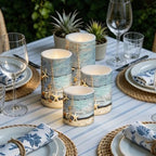 Flickering Flameless Candles 4 Pieces Set, LED Pillar Candles with Timer Battery Operated Tea Lights for Coastal Decor, Beach Starfish with Blue Wood Grain - Image 6