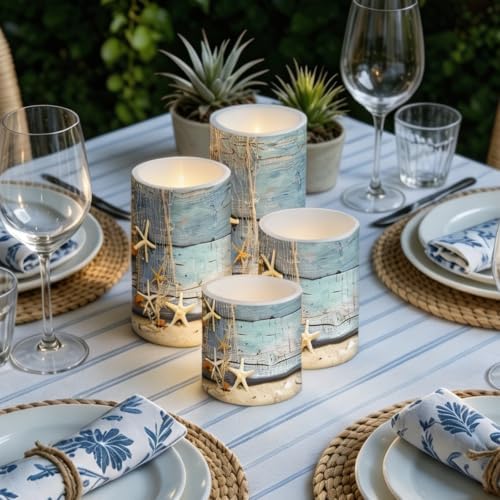 Flickering Flameless Candles 4 Pieces Set, LED Pillar Candles with Timer Battery Operated Tea Lights for Coastal Decor, Beach Starfish with Blue Wood Grain - Image 6