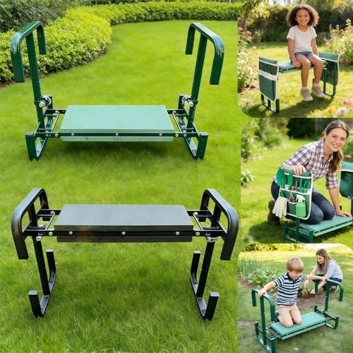 Foldable 2-in-1 Garden Kneeler & Seat, Heavy-Duty Gardening Stool with Soft Kneeling Pad, Tool Pouches, Portable Gardening Bench for Planting, Yard Work & Outdoor Tasks Green - Image 3