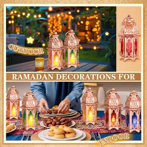 Mumufy 6 Pcs Moroccan Lantern Ramadan Lantern Eid Mubarak Decor, Rose Gold - Image 6