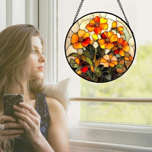 Orange Calendula Flower Stained Glass Window Hanging Suncatcher Gifts 9.8" - Image 4