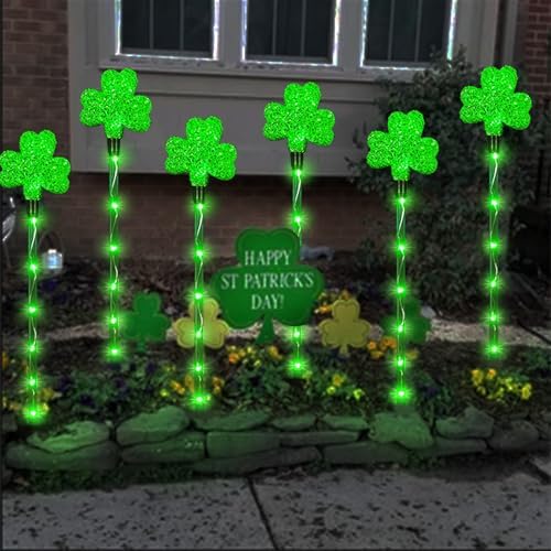 Solar Shamrocks Garden Stake Lights for St. Patrick's Day Decorations Outdoor, 8 Modes Green Lucky Clover Pathway Lights Waterproof St. Patrick's Lights for Yard Lawn Walkway Decor (6 Pack) - Image 2