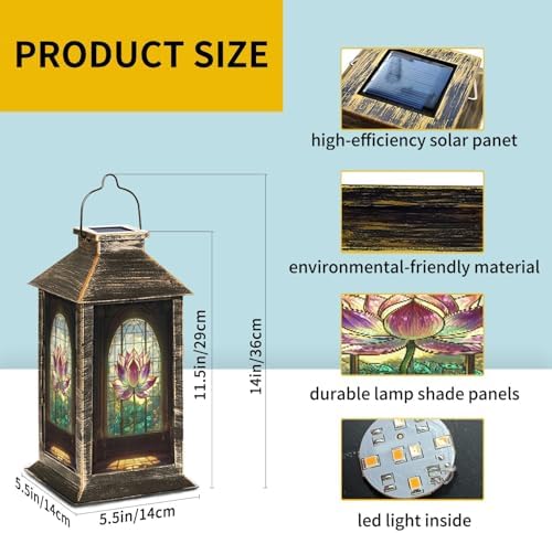 Solar Lantern Victorian Stained Glass Window Lotus Flower Outdoor Waterproof Garden Hanging Lantern Solar Powered Lighting Outside Table Lamp for Patio Deck Camping 1 Pack - Image 6