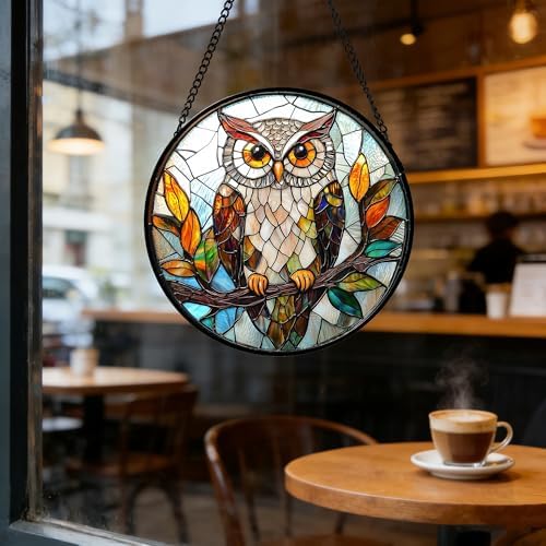 Owl Colorful Leaves Birds Stained Glass Window Hanging Suncatcher Gift 9.8" - Image 5