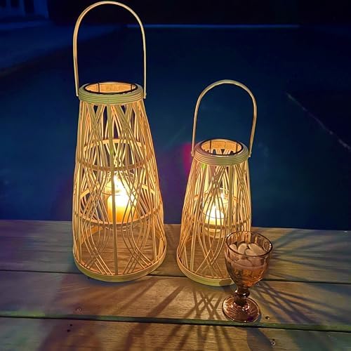 Key West Bamboo Hurricane Candle Lanterns, Set of 2, Large Tropical Holder - Image 5