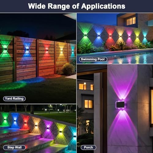 Solar Fence Lights Outdoor Waterproof LED, New Up Down Glow Wall lights Solar Powered with 8 Modes 6 Color Changing Warm White & RGB Cycling, Solar Patio Light for Backyard Railing Deck Decor-12 Pack - Image 2