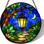 Stained Glass Suncatcher Moonlight Lantern Window Hanging Art, Night Garden Landscape Decor for Mom, Unique Birthday Gift for Her, Home Accents Indoor Wall Ornament (Mixed,11.8×11.8 in) by Unknown