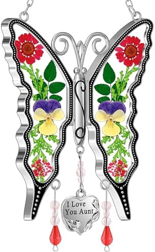 KY&BOSAM Butterfly Suncatcher I Love You Aunt Stained Glass Hanign for Window Catchers with Pressed Real Flower and Heart Charm Home Garden Decor Birthday Gifts for Aunt Mothers Day Christams Ornament by KYBOSAM