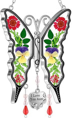 KY&BOSAM Butterfly Suncatcher I Love You Aunt Stained Glass Hanign for Window Catchers with Pressed Real Flower and Heart Charm Home Garden Decor Birthday Gifts for Aunt Mothers Day Christams Ornament by KYBOSAM