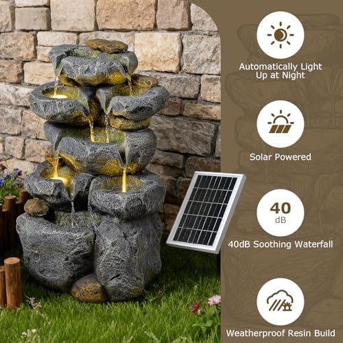 24" Tall Solar Powered Water Fountain Cascading Rock Waterfall - Image 4