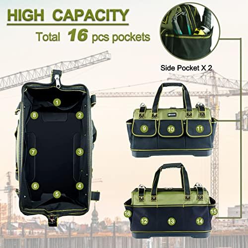 20inch Tool Bag for Men Women Heavy Duty with Waterproof Molded Base Large Tool Bag, Wide Mouth Tool Tote, Artisan Carpenter Electricians Tool Bags,Adjustable Shoulder Strap Organizer - Image 3