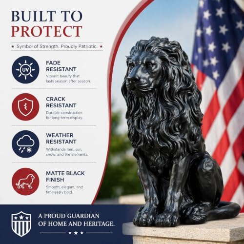 20.7" Black Lion Statue Outdoor Decor, Resin Sitting Lion Sculpture, Majestic Guardian Animal Figurine for Garden, Patio, Porch, Entryway, Courtyard, Lawn & Indoor Home Decoration - Image 7