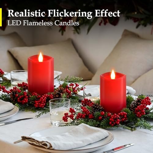 3x5 inch Red Flameless Candles, Realistic Flameless LED, Battery-Powered Pillar Candles with Remote & Timer, Fake Candles for Fall Decor, (Red, 3"*5"-2pcs) - Image 4